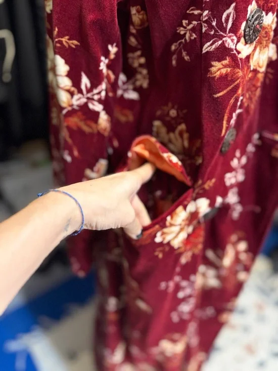 Red Floral Velvet Double-Breasted Long Coat - Picture 5 of 8